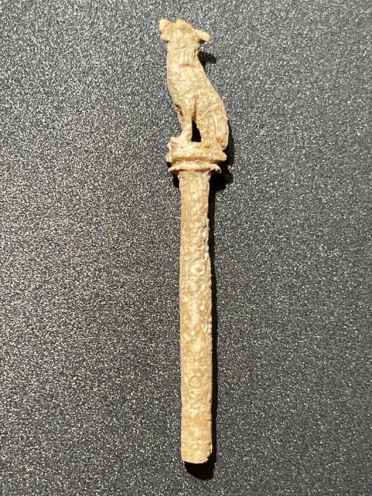 Ancient Roman Bone Zoomorphic Votive Sceptre surmounted with a Figurine of Wolf in Fine Style.